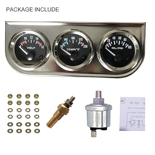 Miniatura 9 de Kit de medidor automático triple cromado 3 en 1 de 2.047 in (8-16 V medidor de voltios + medidor de temperatura del agua de 100-250 +medidor de