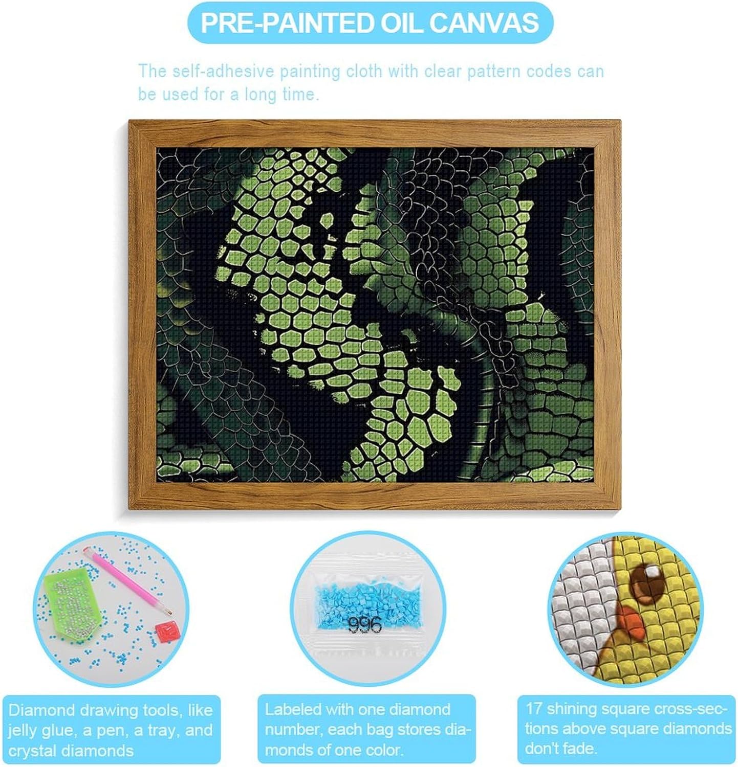 Green Snake Pattern Printed Diamond 5D Painting Kits DIY Full Drill Crafts for Home Wall Decor 16x20 Inch Yellow Wood 50 * 40cm