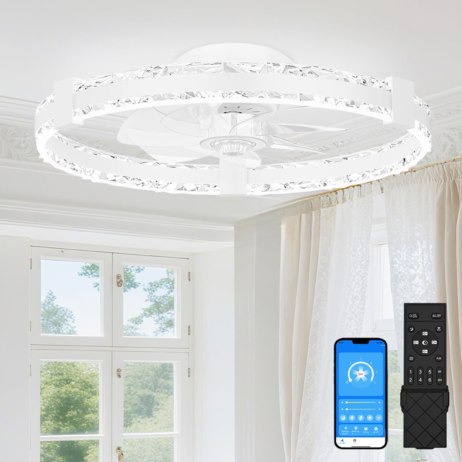 Sunkenet White Ceiling Fans With Lights And Remote, 50Cm Led Fan Ceiling Light, 3000K-6500K Dimmable Smart Ceiling Fan Light, 6 Wind Speeds & Reversible, Queit Fan Light Ceiling For Bedroom