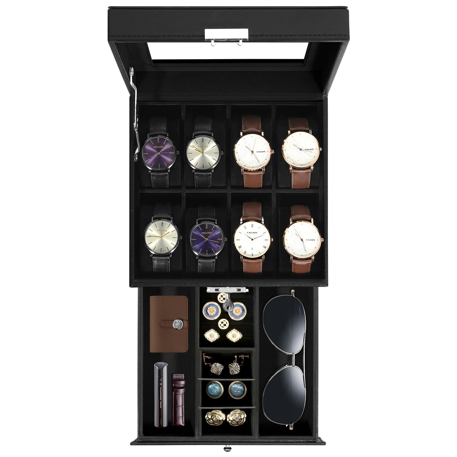 Uten Watch Box 8 Slots, 2-Tier Watch Case with Key Lock, Glass Lid, Watch Display Box for Men and Women, Black Synthetic Leather, Black Velvet Lining, Removable Pillows, Jewelry Storage Box, Gift Idea — image 1
