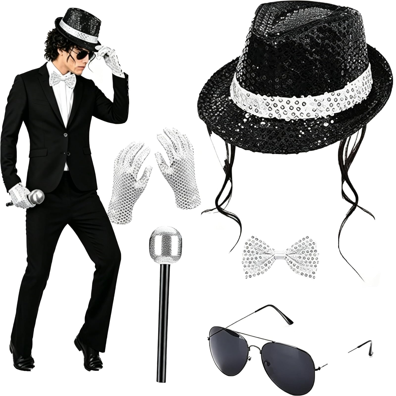 KFSCIP 5-Piece 80s Star Outfit Set, Stage Performance and Cosplay Attire, Jacket with Shirt and Glove, Retro Theme Party Wear for Dance Events