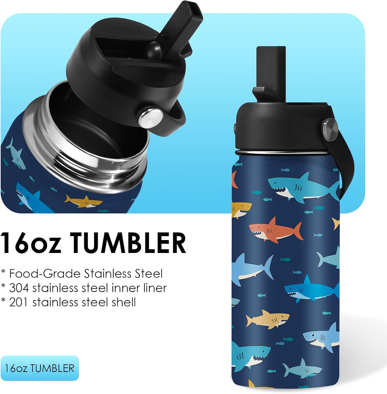 Shark Gift for Kids - 16oz Kids Water Bottle with Straw Lid, Stainless Steel Insulated Tumbler, Leak Proof, BPA - Free, Sport Bottles for School, Travel, Sea Fishes Children Birthday Gift Cup (1pc) - Image 2