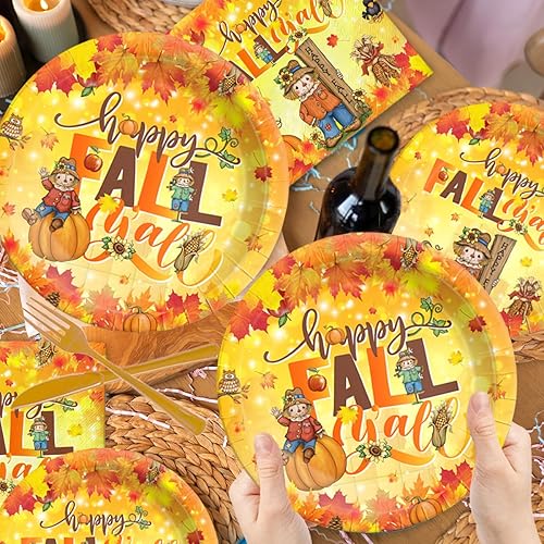 Miniatura 3 de Juego de 142 platos y servilletas de Acción de Gracias, decoración de fiesta de espantapájaros, vajilla desechable, hojas de arce, cosecha de