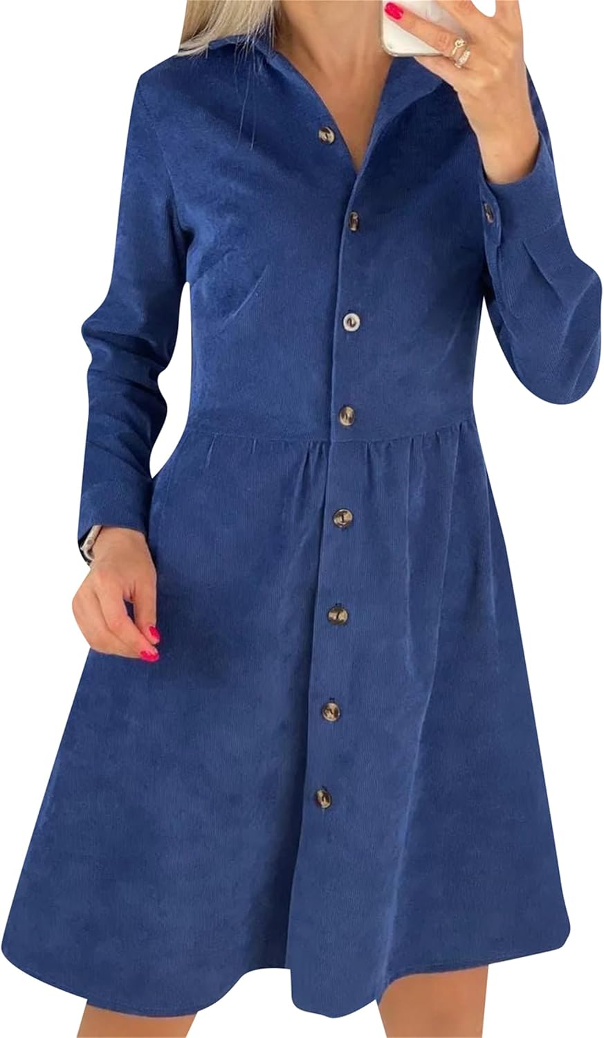 BOFETA Women Button Down Shirt Dress Casual Corduroy Lapel Collar Dress A Line Long Sleeve Dresses
