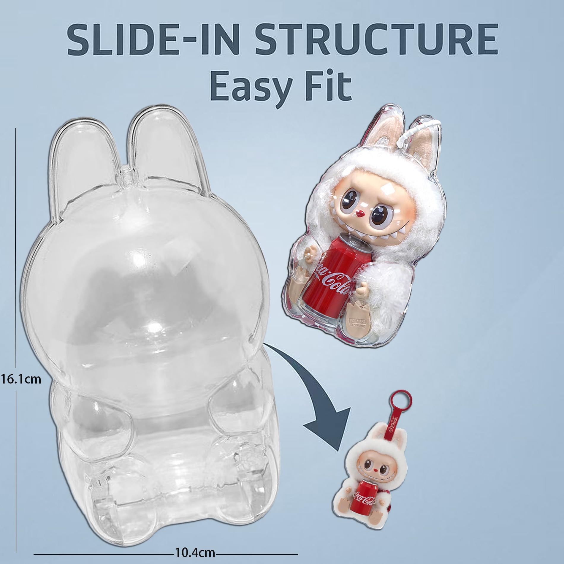 Doemoil Protective Case Cover for LABUBU Cola Have a Seat, Clear Acrylic Display Box Hard Case Accessories with Silicone Strap for The Monsters LABUBU Cola Series Surprise Shake - (Cola Sitting)