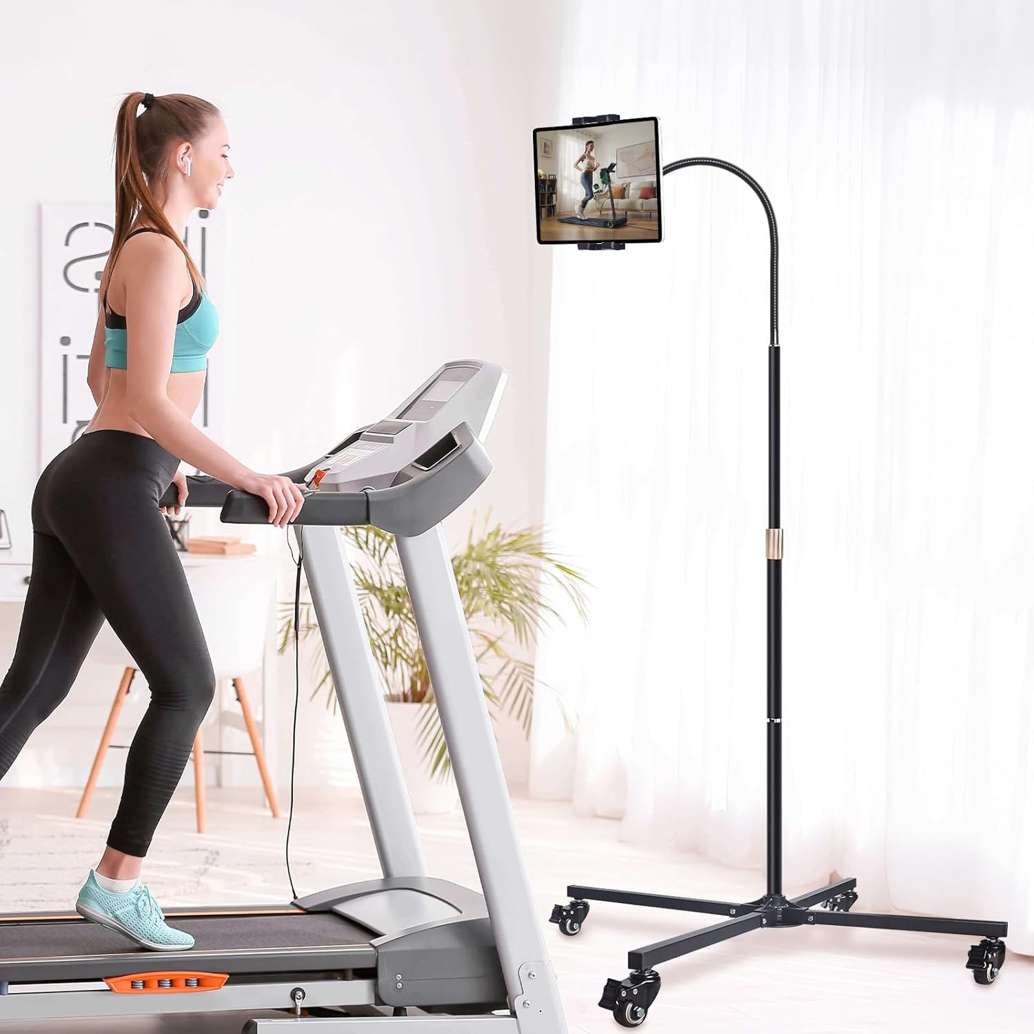 Rolling Tablet Stand with Wheels, Heavy Duty Tablet on Wheels with Industrial Casters, Adjustable Floor Mount Stand for Bed, Couch, Office, Thick Case Friendly (Fits 9.7"-14" Tablets)