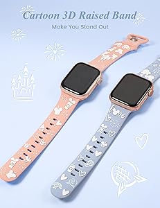 BEEXI 2 Packs Cartoon 3D Raised Band Compatible with Apple Watch Band 49/46/45/44/42/41/40/38mm Women Two-Tone Cute Soft Silicone Sport Strap for iWatch SE Series 10/9/8/7/6/5/4/3/2/1/Ultra(1/2)