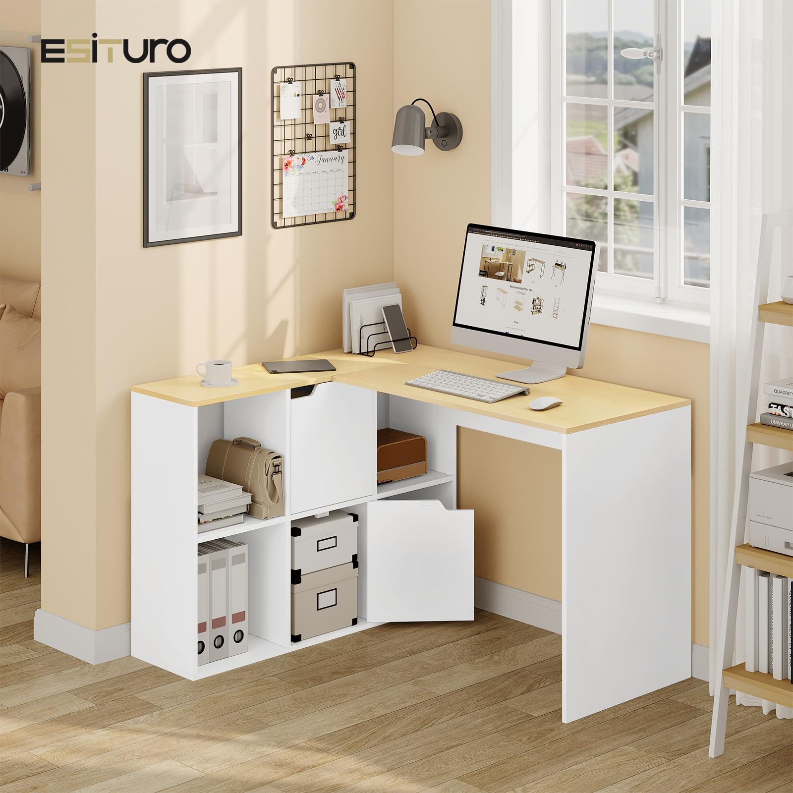 eSituro Schreibtisch L Form, Eckschreibtisch 120cm mit Regal, Computertisch mit Stauraum, Bürotisch, Tisch mit Bücherregal, für Büro Arbeitszimmer Homeoffice, Weiß + Eiche, 118x100x75 cm | Offene Fächer und Stauraum, Schranktüren, für Homeoffice Schlafzim