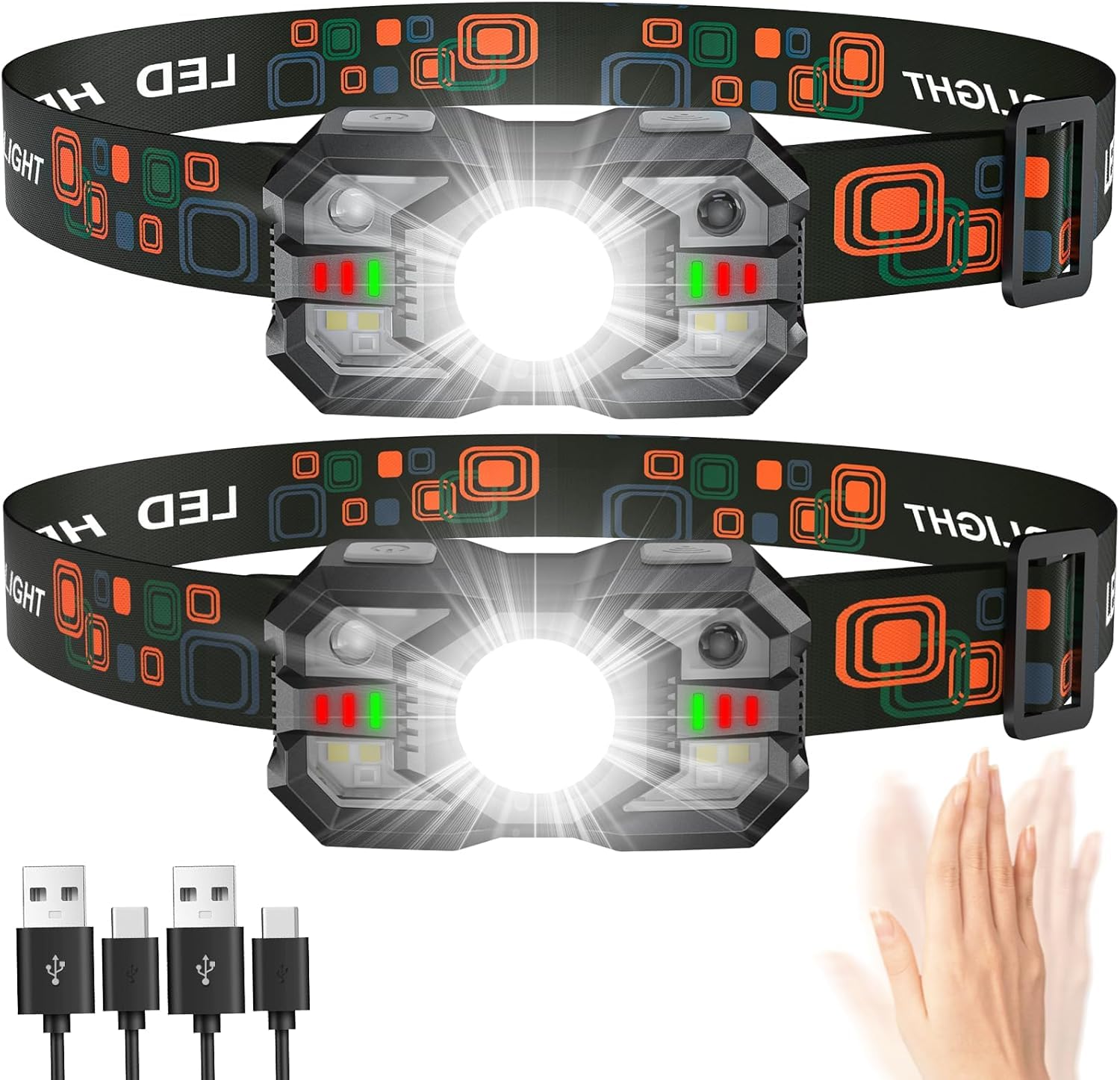 Sogdeco Stirnlampe LED Wiederaufladbar 2er Pack - Ultrahell 2000LM, 20h Laufzeit, 5+1 Modi mit Bewegungsensor, Wasserdicht & Rote Lampe für Camping, Fischen, Radfahren, Wandern, Joggen