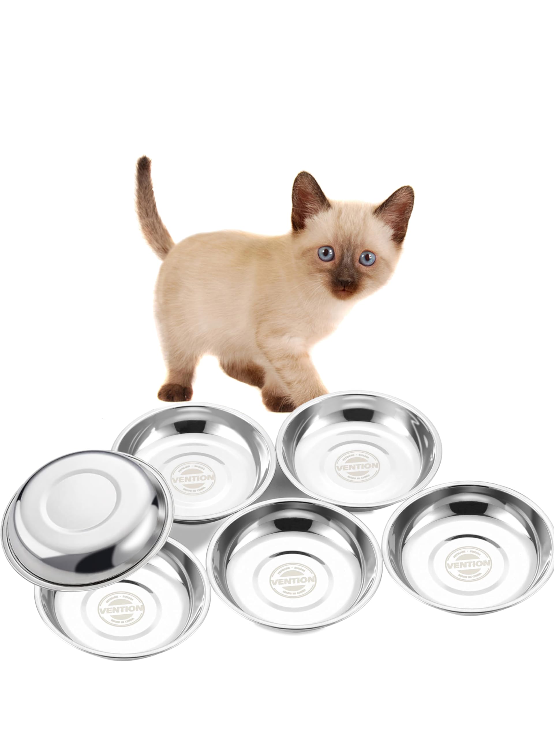 VENTION Shallow Stainless Steel Cat Food Bowl, 6Pcs 12.6cm Small Cat Feeding Bowls Replacement for Elevated Stand, Metal Pet Kitten Dish, Dishwasher Safe, 220 ml