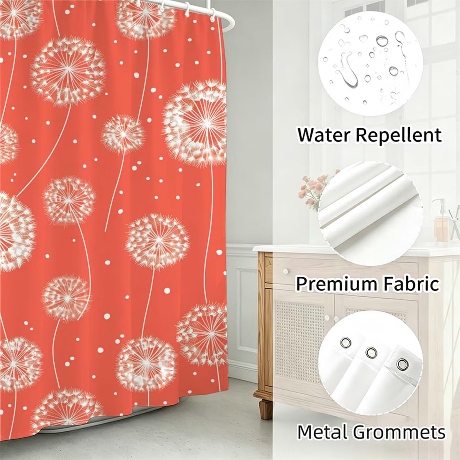terracotta Tenda Doccia 180x180cm, Tenda per Doccia Tessuto Poliestere Impermeabile Asciugatura Rapida con 12 Anelli, Tende Finestra Bagno e Vasca Pieghevole Shower Curtain Dente leone J-630