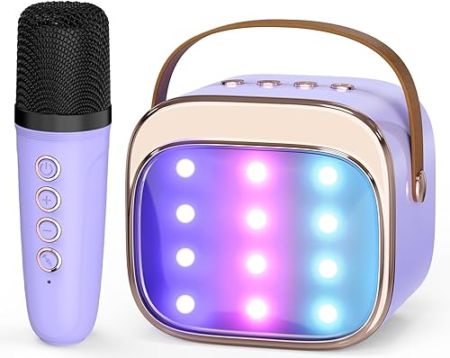 Miniatura 10 de FLUESTON Mini máquina de karaoke para niños y adultos, altavoz Bluetooth portátil con 2 micrófonos inalámbricos, juguetes para niñas de 3, 4, 5, 6,