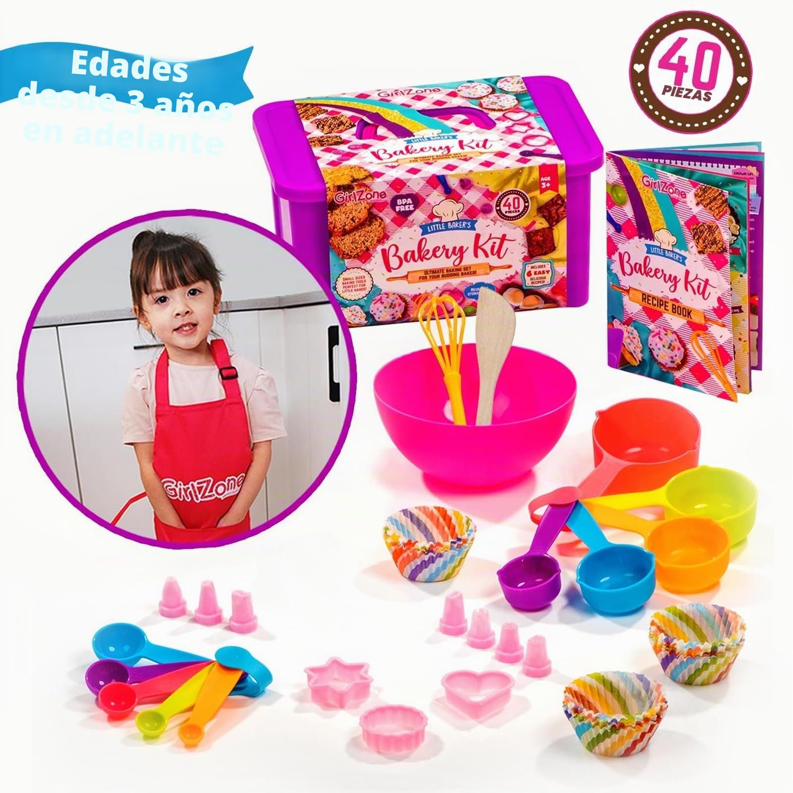 GirlZone Regalos para Niñas Set Pequeños Reposteros, 40 Piezas en un Set con Utensilios Cocina Juguete para Niños, Delantal y Recetas para Hacer Deliciosos Dulces