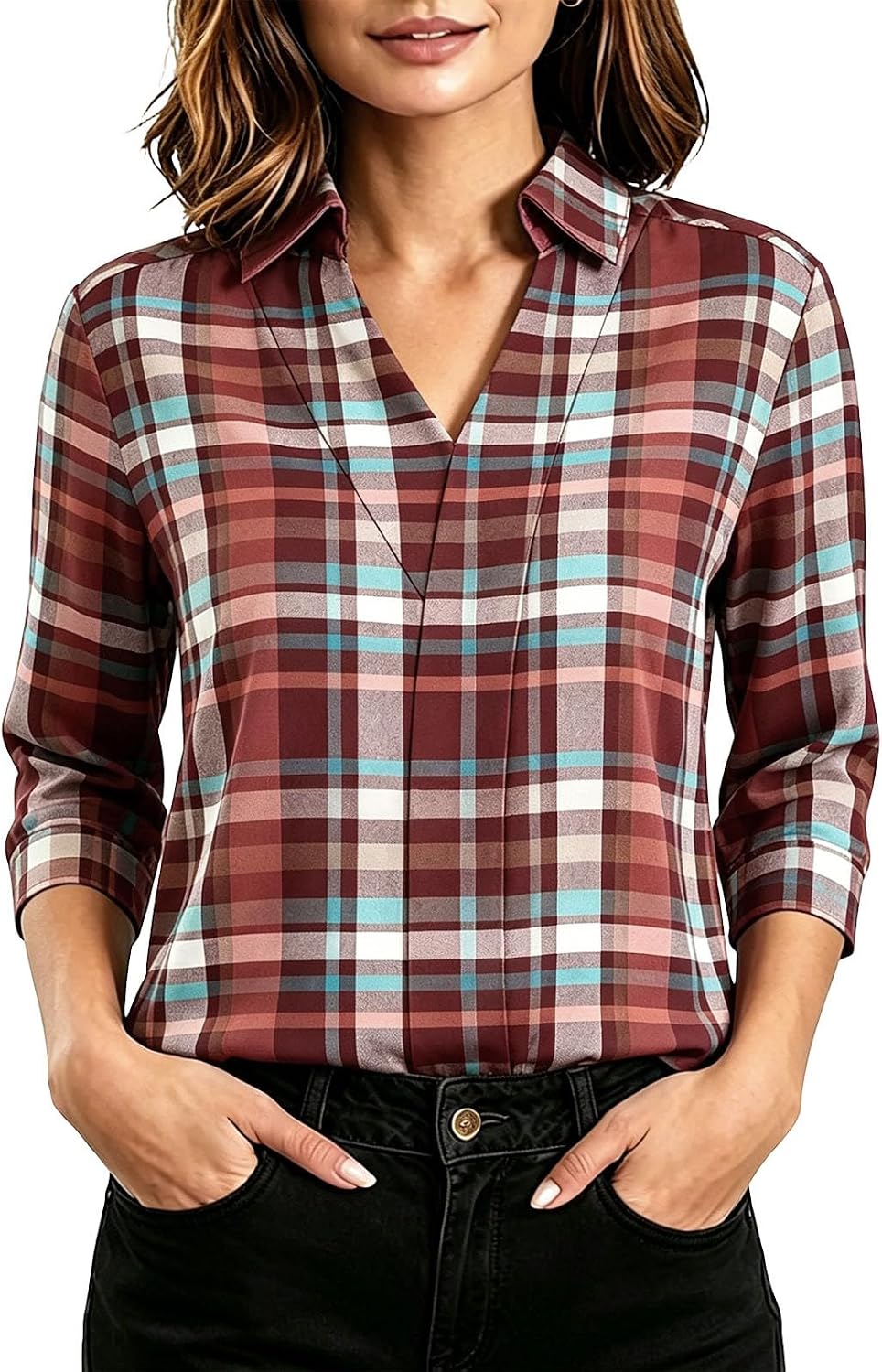 Polka dots Printed Top for Women Casual Loose Fashion T Shirts | 3/4 Length Sleeve Business Work Tunic Blouses Comfy V Neck Plus Size Lightweight Breathable Dressy Clothes