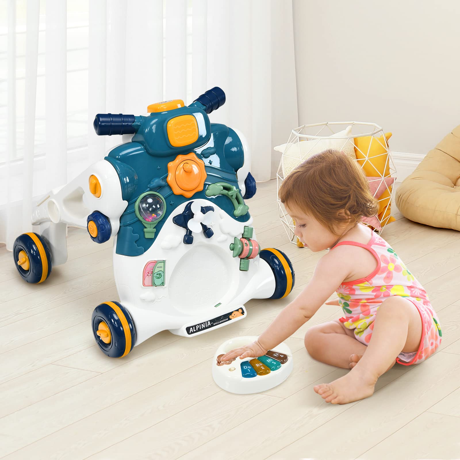 RELAX4LIFE 3 in 1 Primi Passi Spingibile, Scooter Cavalcabile con 4 Ruote Antiscivolo e Centro Attività con Giocattoli, Suoni, Tastiera Staccabile, 6-36Mesi(Blu)