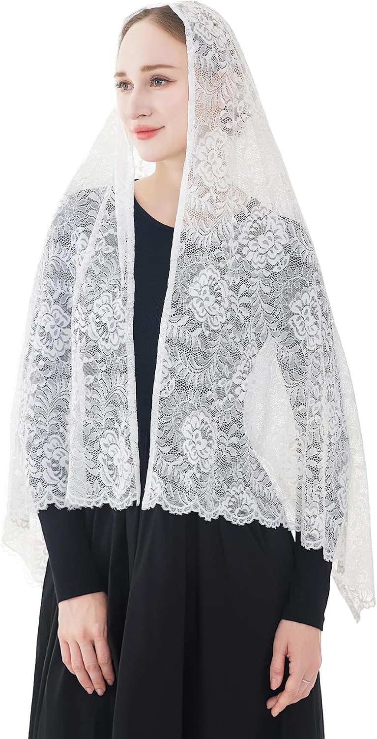 Wgior Elegant Floral Catholic Church Veil, Soft Mantilla Chapel Prayer Scarf Wrap Shawl Headscarf