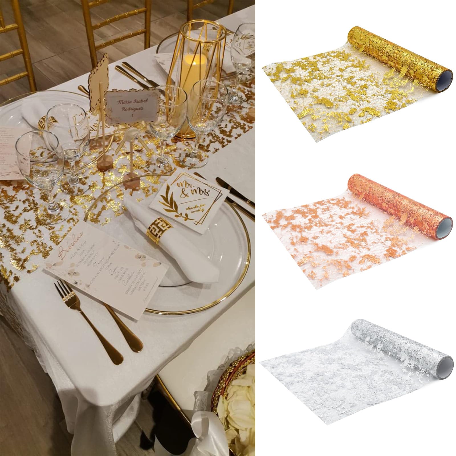 Runner da Tavolo in Rete con Foglia Oro, Runner Natalizio, Runner da Tavola in Rete,Riutilizzabile,per Compleanni, Ritiri, Battesimi,Celebrazioni,Feste,Decorazioni (28 cm x 30 m d'oro)