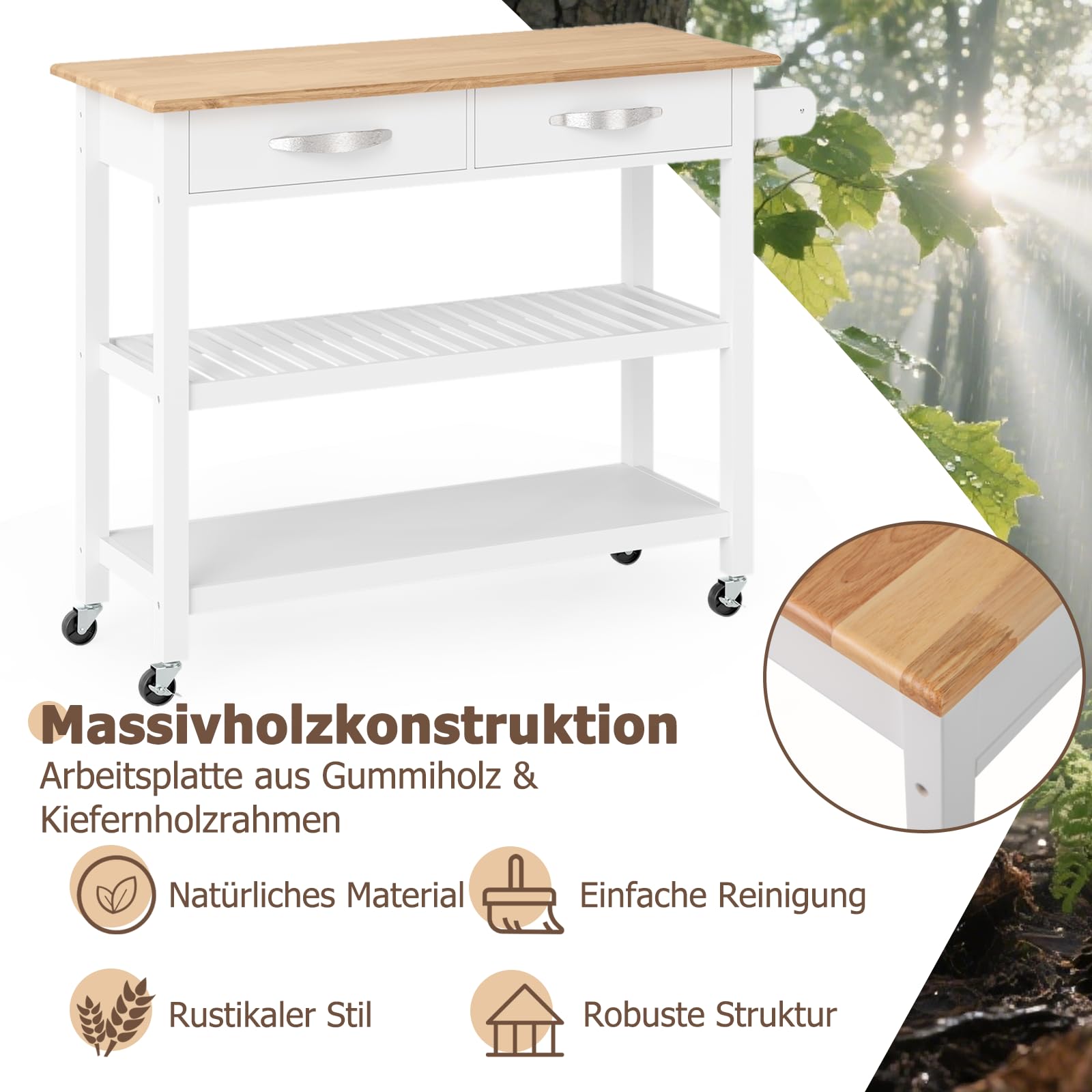 COSTWAY Küchenwagen Holz, Küchenschrank mit Rollen, Rollwagen mit Arbeitsplatte, 2 Schubladen, 2 offenen Regalen & Handtuchhalter, Servierwagen für Esszimmer & Küche, 116 x 43 x 89 cm (Weiß)