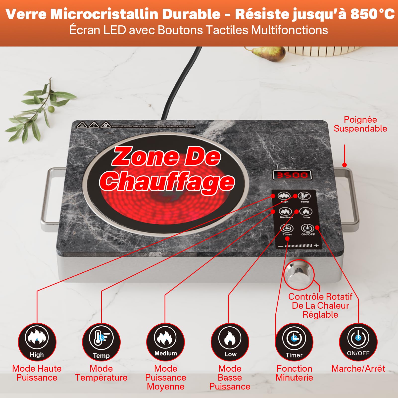 Plaque Vitrocéramique 3500W Infrarouge – Compatible avec Toutes les Casseroles, Verre Microcristallin, Sécurisée avec Arrêt Automatique, Design Marbre Écologique