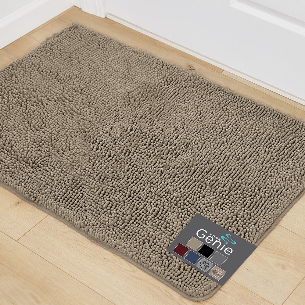 HOME GENIE Muddy Dog Machine-Washable Absorbent Soft Chenille Indoor-Doormat, 48x30, Rubber Backing, Quick Dry Microfiber Mat, Entryway Front Door Mat, Home Entrance Welcome Doormats, Soft Beige