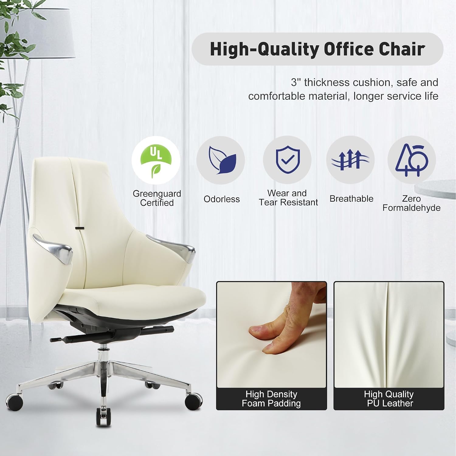 Luxury Leather Ergonomic Office Chair, High Back Executive Chair with Metal Armrests, Modern Office Chair with 360° Silent Wheels for Comfortable Support(Creamy White)