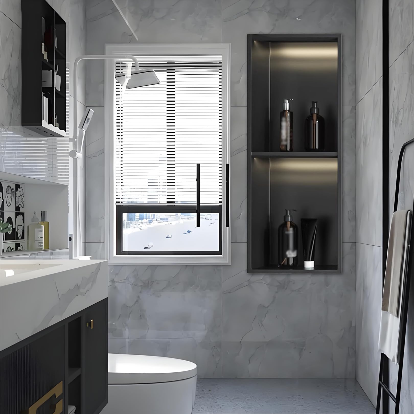 Éviter stagnation eau douche avec cette étagère murale encastrable inox 304 LED inclinée 92°