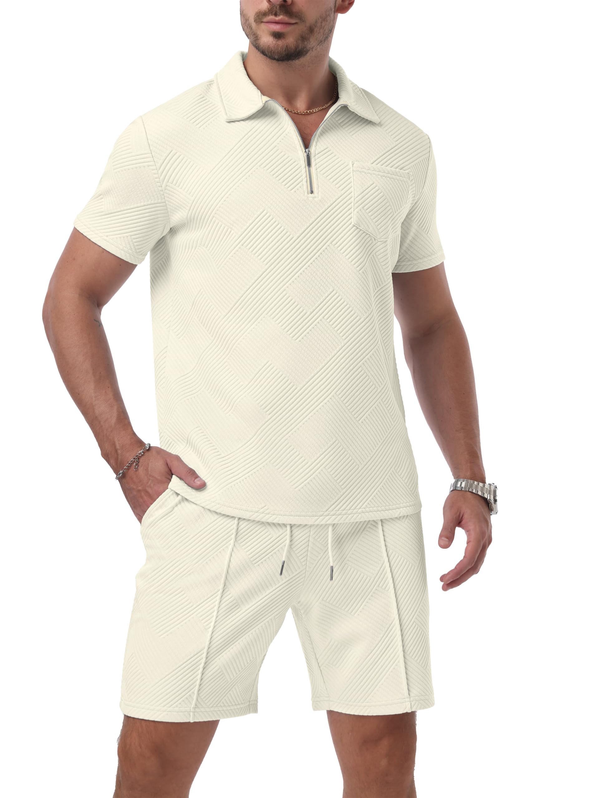 QIXING Survêtement d'été 2 pièces pour homme - Short et t-shirt avec demi-fermeture éclair - Polo à manches courtes - 2 pièces - Pour l'été