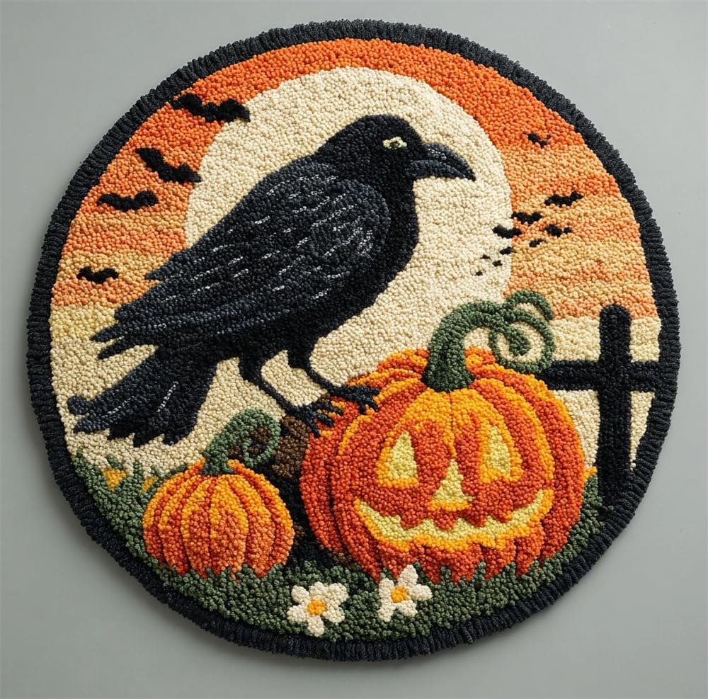 kitphoenix DIY Cushion Carpet Floor Mat Rug Crow and Pumpkin Halloween 20X20Inch (50X50Cm) Round Latch Hook Kits Sofa Seat Cover Hand Craft Cartoon Round Crocheting Baby Gift