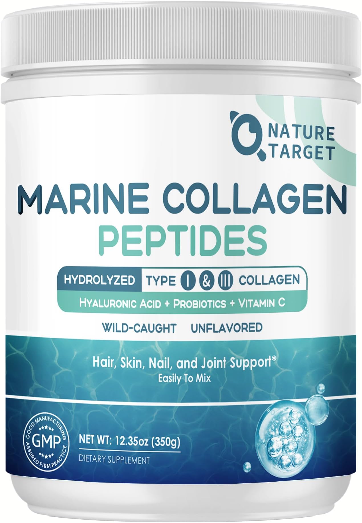 Marine Collagen Peptides Powder, 35 Servings | Type I & III Collagen, Probiotics, Vitamin C & Hyaluronic Acid, For Skin, Hair, Nails, Wild-Caught Fish & Grass-Fed Bovine