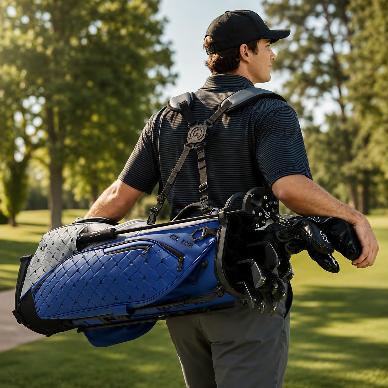 ASK ECHO Golf Prestige-14 Way Hybrid Stand Bag - Premium Leather Outdoor Putter Clip (Navy Grey)
