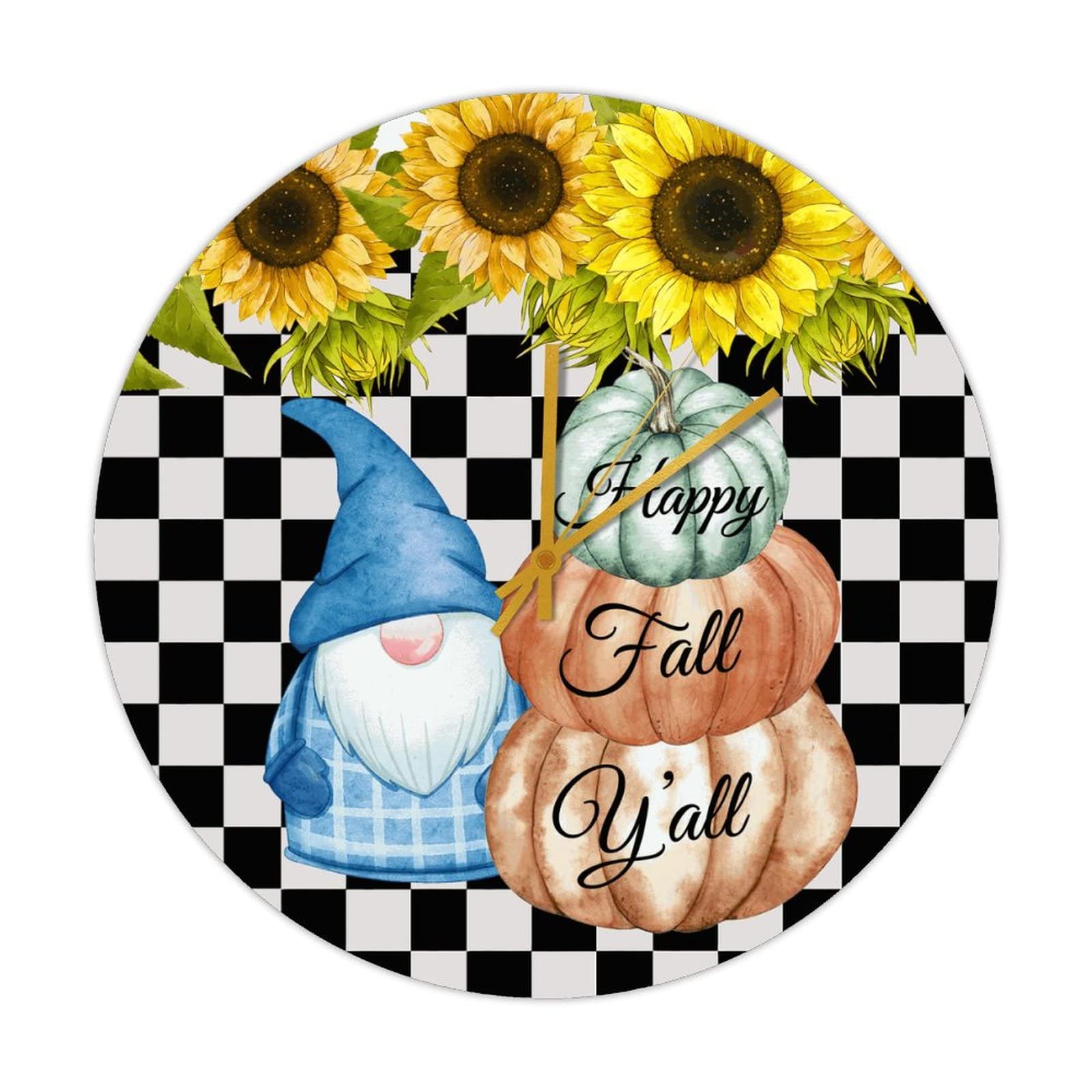Horloge murale en bois rétro Happy Fall Y'all avec gnomes et citrouilles 38cm