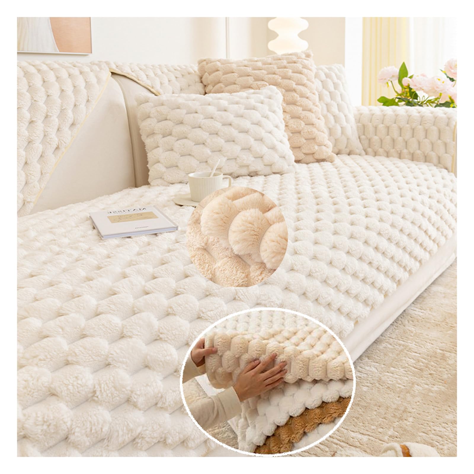 Tauzveok Non Slip Sofa Cover, Thick Plush Sofa Slipcovers, Sofa Covers 3 2 1 4 Seater, L Shape Funny Fuzzy Sofa Cover, Sofa Protectors From Pets, Honeycomb Velvet,Beige,90 * 90cm