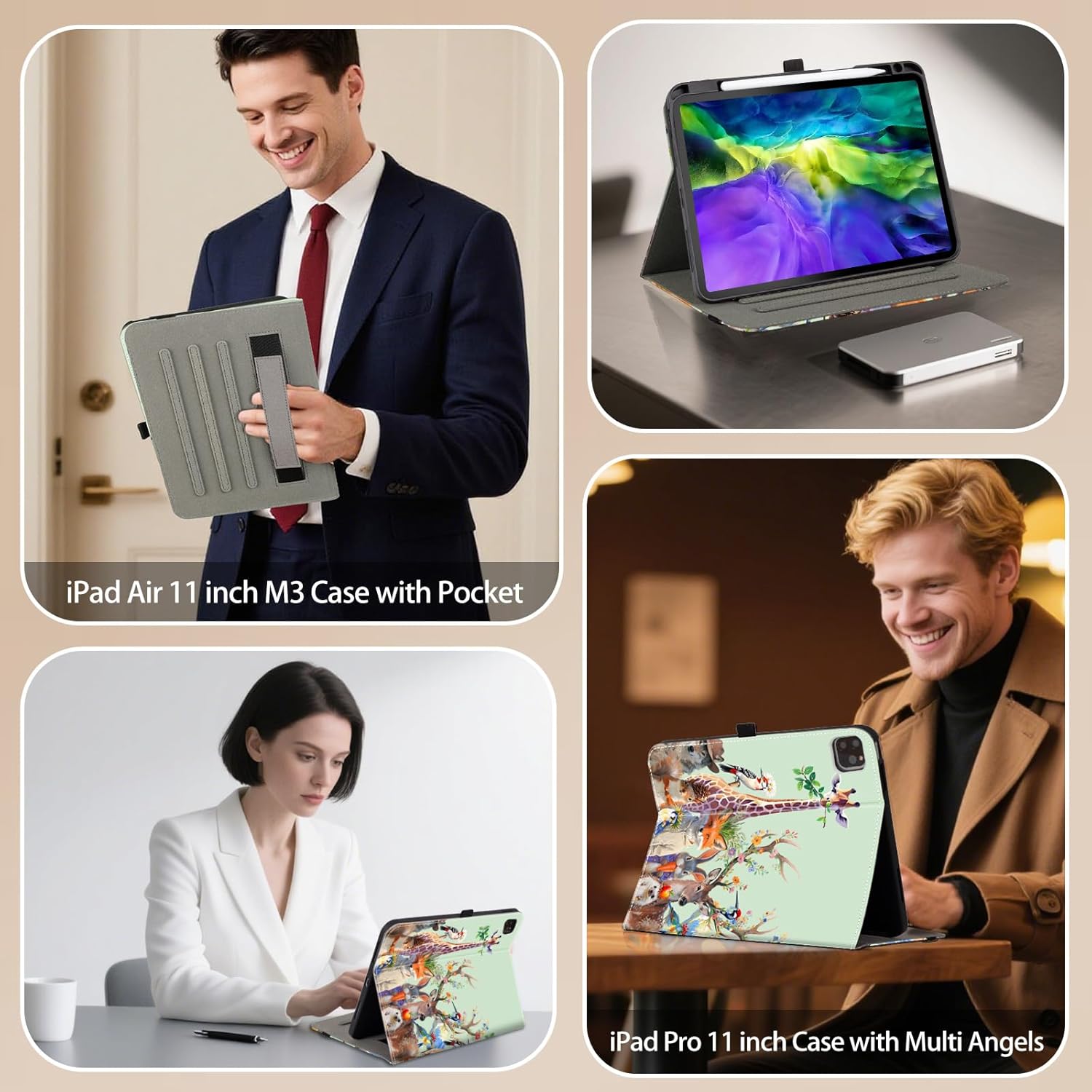 Vimorco for iPad Air 11 Inch Case M3/M2, iPad Air 5th/4th Generation Cases, Leather Case for iPad Pro 11 Inch 4th / 3rd / 2nd / 1st Generation with Pencil Holder&Hand Strap&Pocket, Animal Party