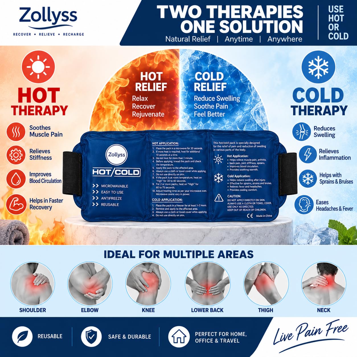 Zollyss Reusable Hot & Cold Gel Pack with Adjustable Strap for Pain Relief, Flexible Ice Pack for Shoulder, Knee, Back, Neck & Sports Recovery, Microwaveable & Freezer Safe – Navy Blue — Amazon image 6