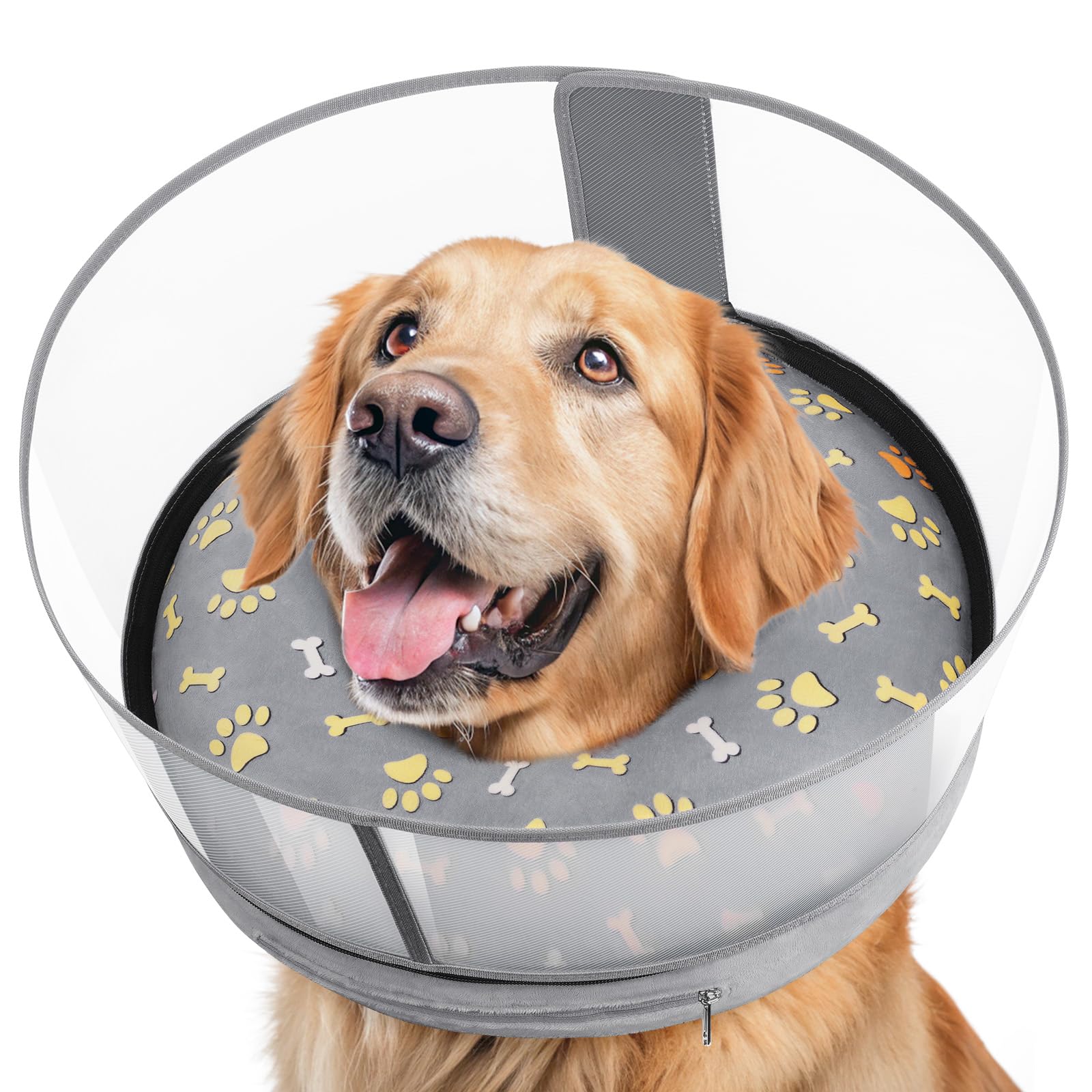 Inflatable Dog Cone with Anti-Licking Clear Shield, Protective Dog Donut Collar After Surgery, Adjustable Soft Recovery Cone for Pets, Alternative Collar with Buckle Strap (Grey, M+)