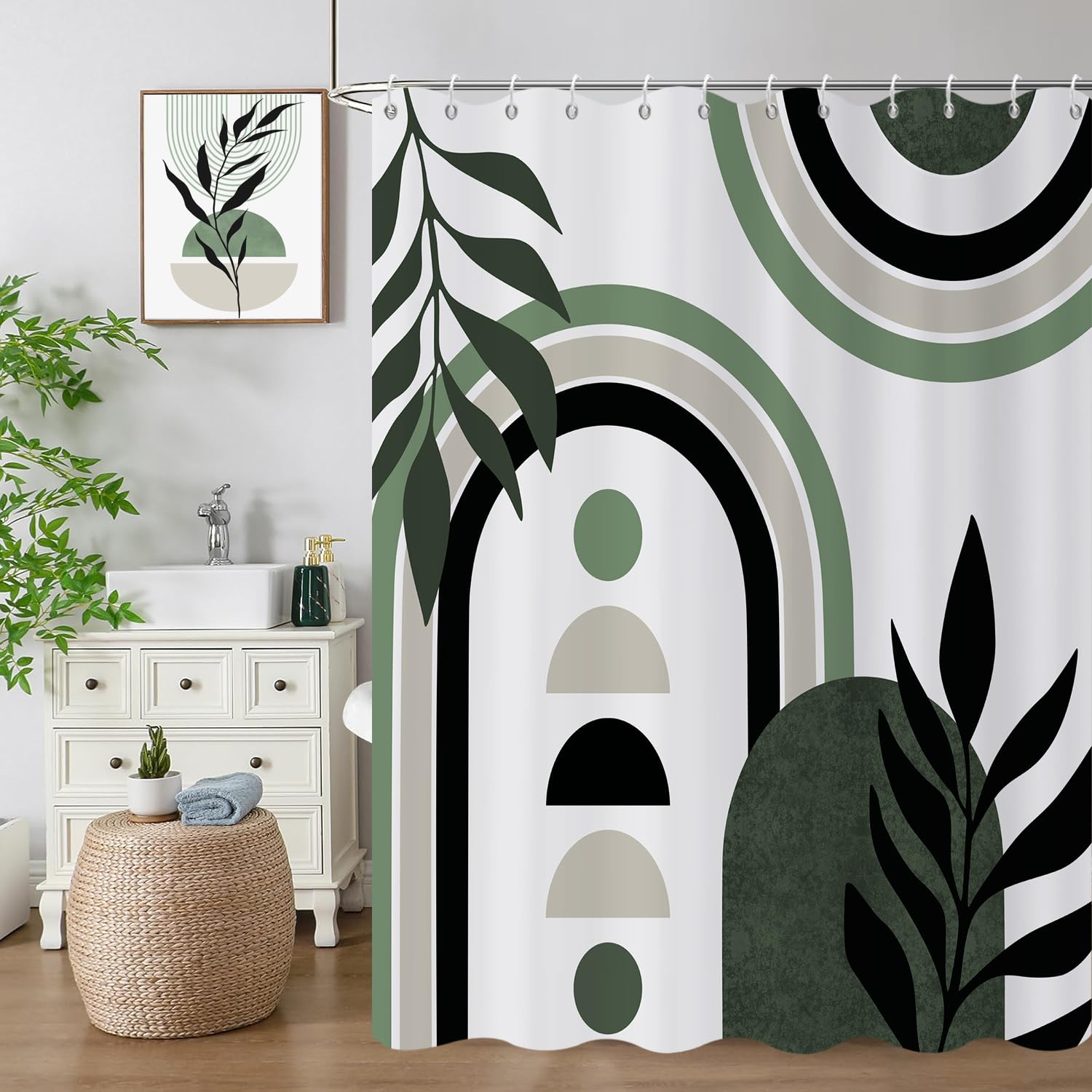 GCIREC Shower Curtain, 165x180cm, Green White Mid Century Modern Abstract Art Boho Geometric Waterproof Fabric Machine Washable Bathroom Curtain with Hooks — image 1