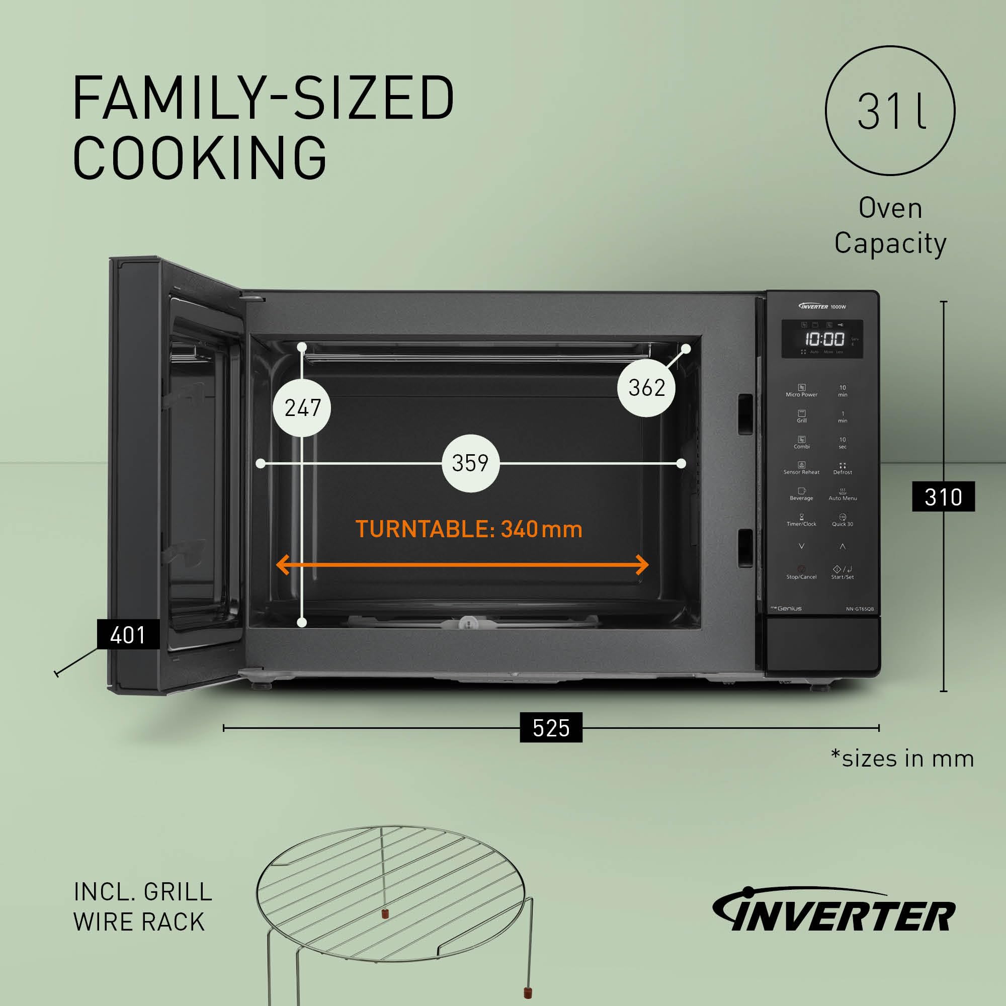 Panasonic NN-GT65QBEPG 31 L Four à Micro-Ondes Combiné, 1 000 W, Cuisson Combinée, 7 Niveaux de Puissance, Décongélation Turbo, LED, Plateau Tournant, Noir