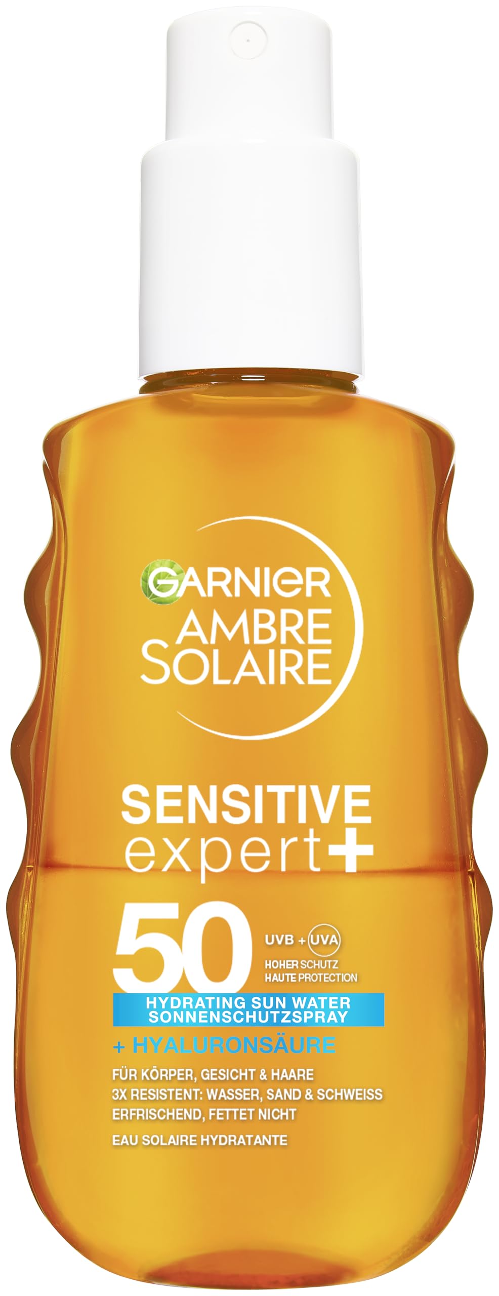 Garnier Ambre Solaire Sensitive Expert + Hydrating UV Water Sonnenschutzspray LSF 50 – Sonnen-Spray für Körper, Gesicht, Kopfhaut & Haare – Wasserfest, sandresistent & nicht fettend – 150ml