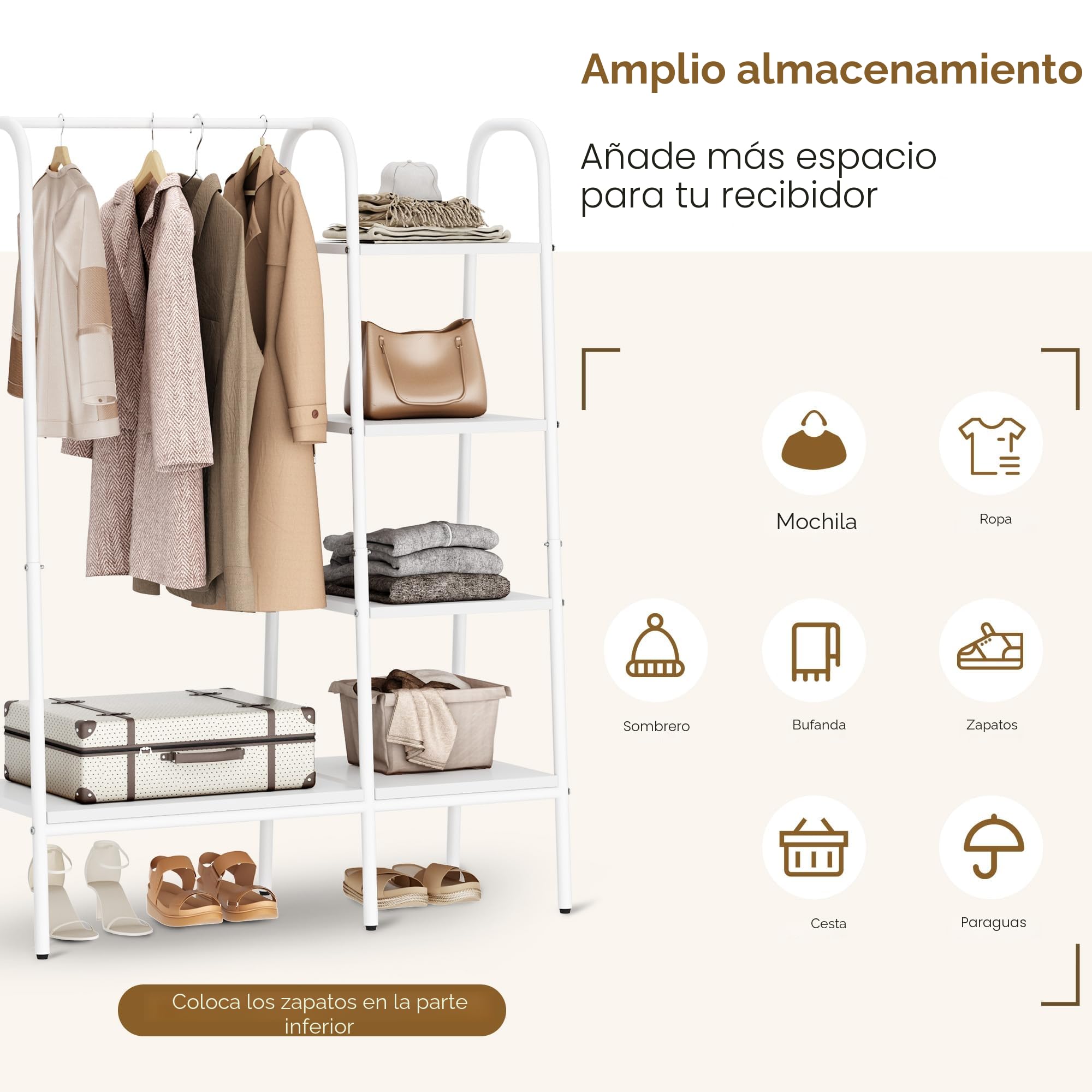 sogesfurniture Perchero de pie con 4 estantes de madera y metal, 100 x 40 x 150 cm, color blanco