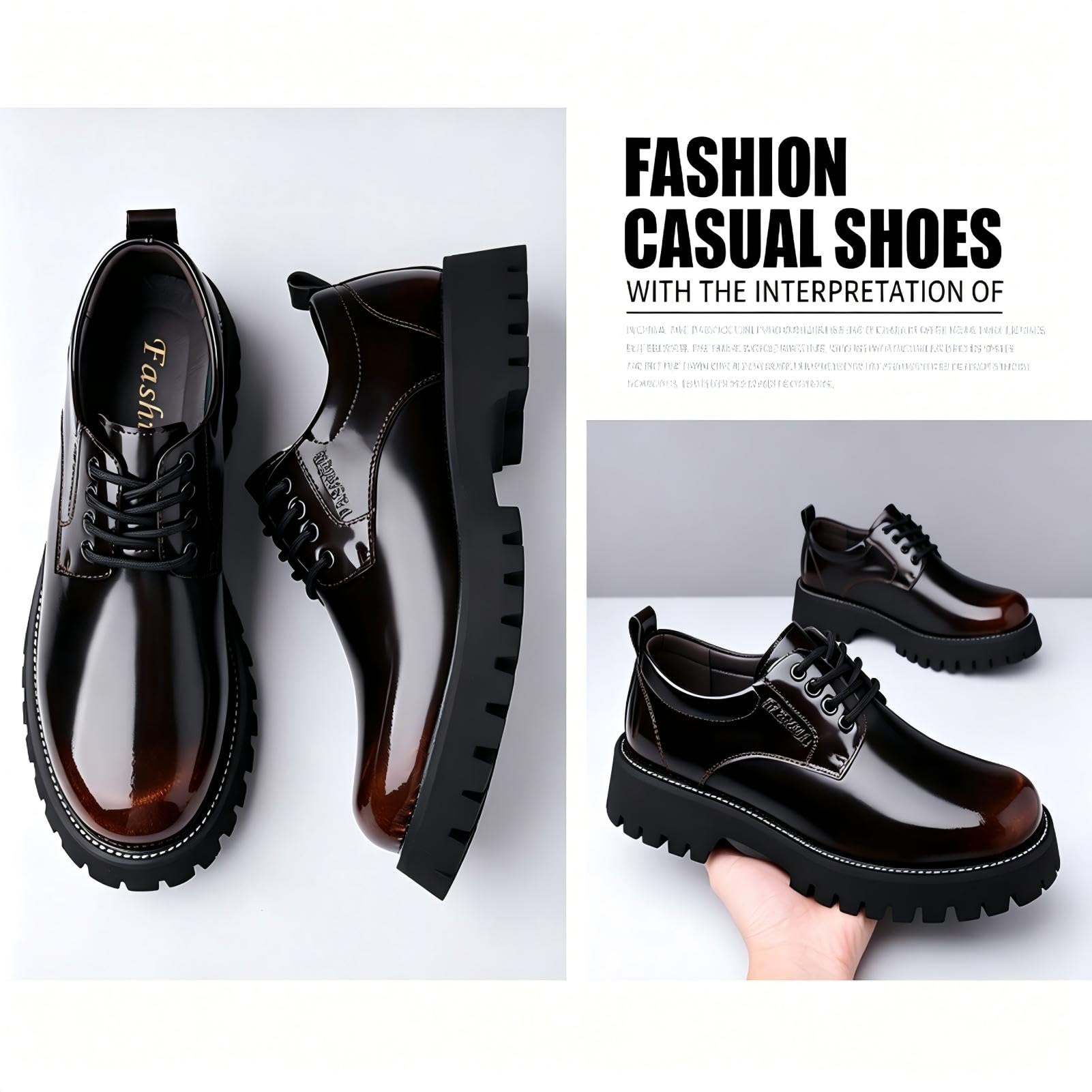 Scarpe Derby Uomo Pelle Verniciata Lucida Platform Suola Spessa Dentata Stringate Vintage Marroni Altezza Aggiunta, Scarpe Eleganti Casual Business Cerimonia Antiscivolo