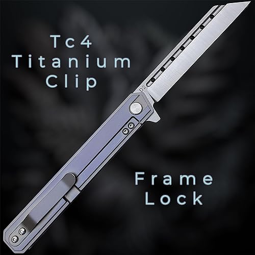 Miniatura 4 de TACTICAL GEARZ Cuchillo plegable de bolsillo de titanio para EDC! Mango de titanio sólido Tc4. Hoja tanto de acero D2 (Onyx Midnight)