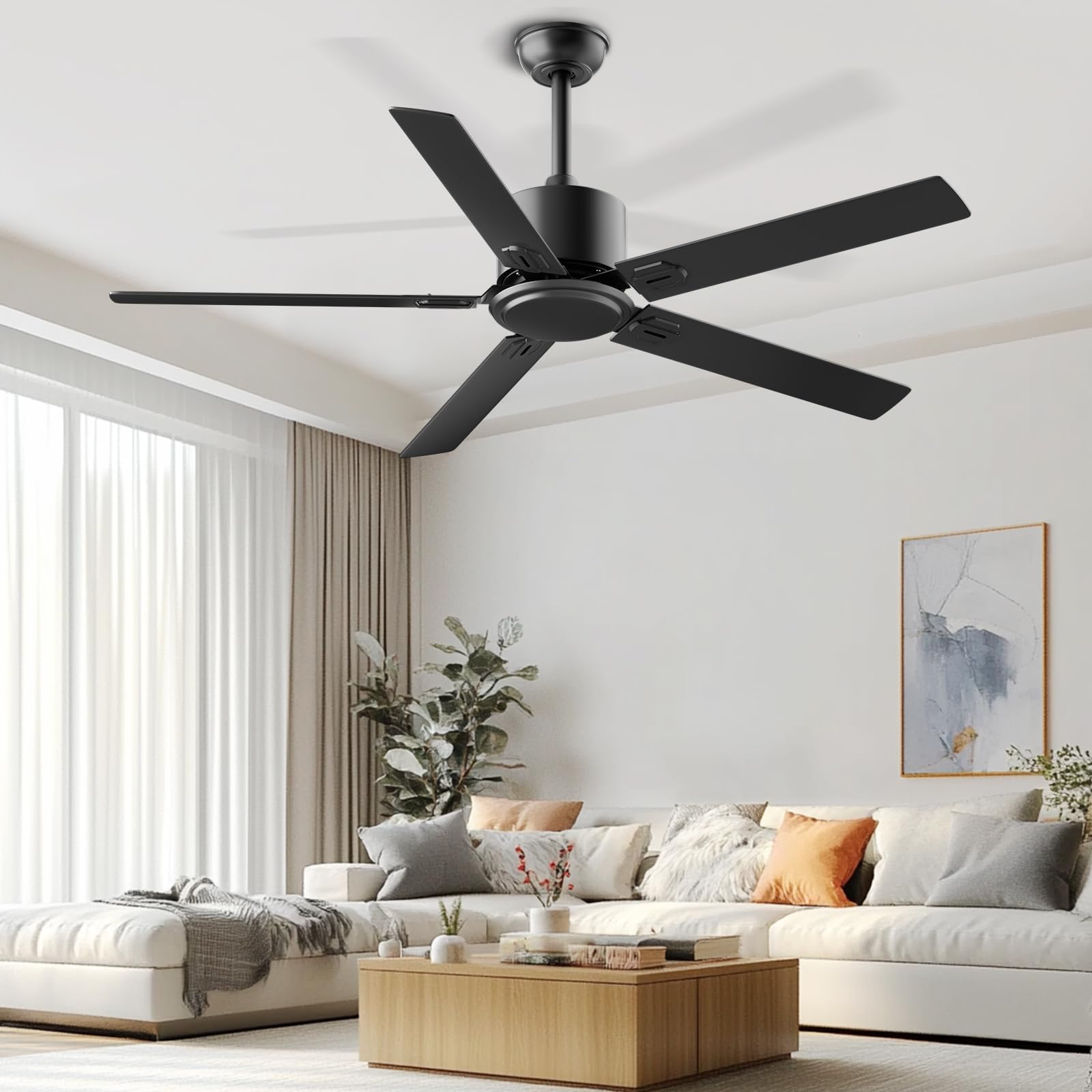 Obabala Ventilatore da soffitto per patio, soggiorno, camera da letto, stile moderno, in legno, 5 pale, 106,7 cm, nero, con telecomando, senza luce, nessun rumore, reversibile