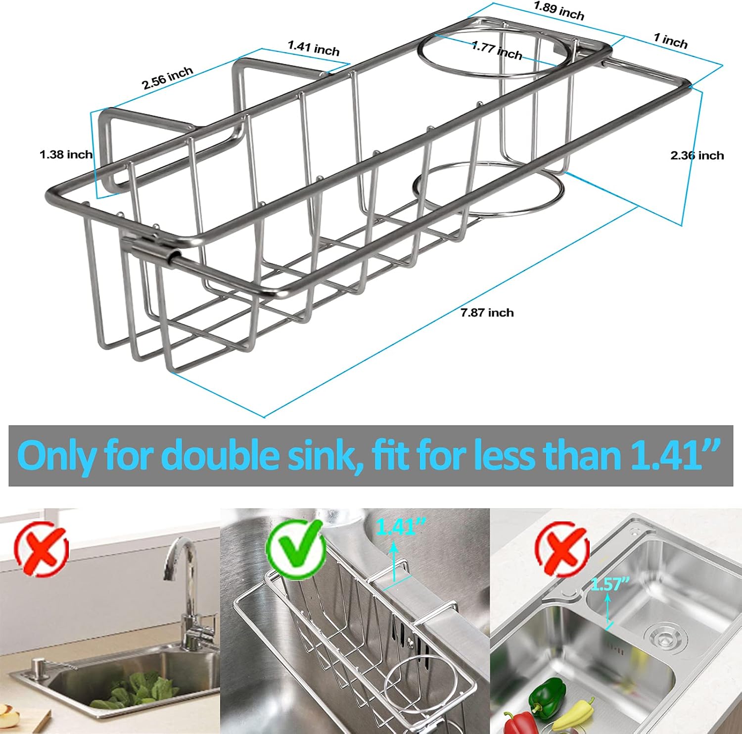 Sponge Holder for Double Sink, 3-in-1 No Falling Sink Caddy Hold Sponge, Dish Brush, Towel for Kitchen: No Drilling, SUS304 Stainless Steel