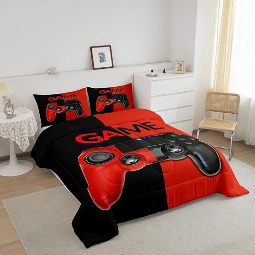 Miniatura 9 de Juego de edredón de videojuegos para niños, tamaño individual, color rojo y negro, juego de ropa de cama de videojuegos para niños, niñas y