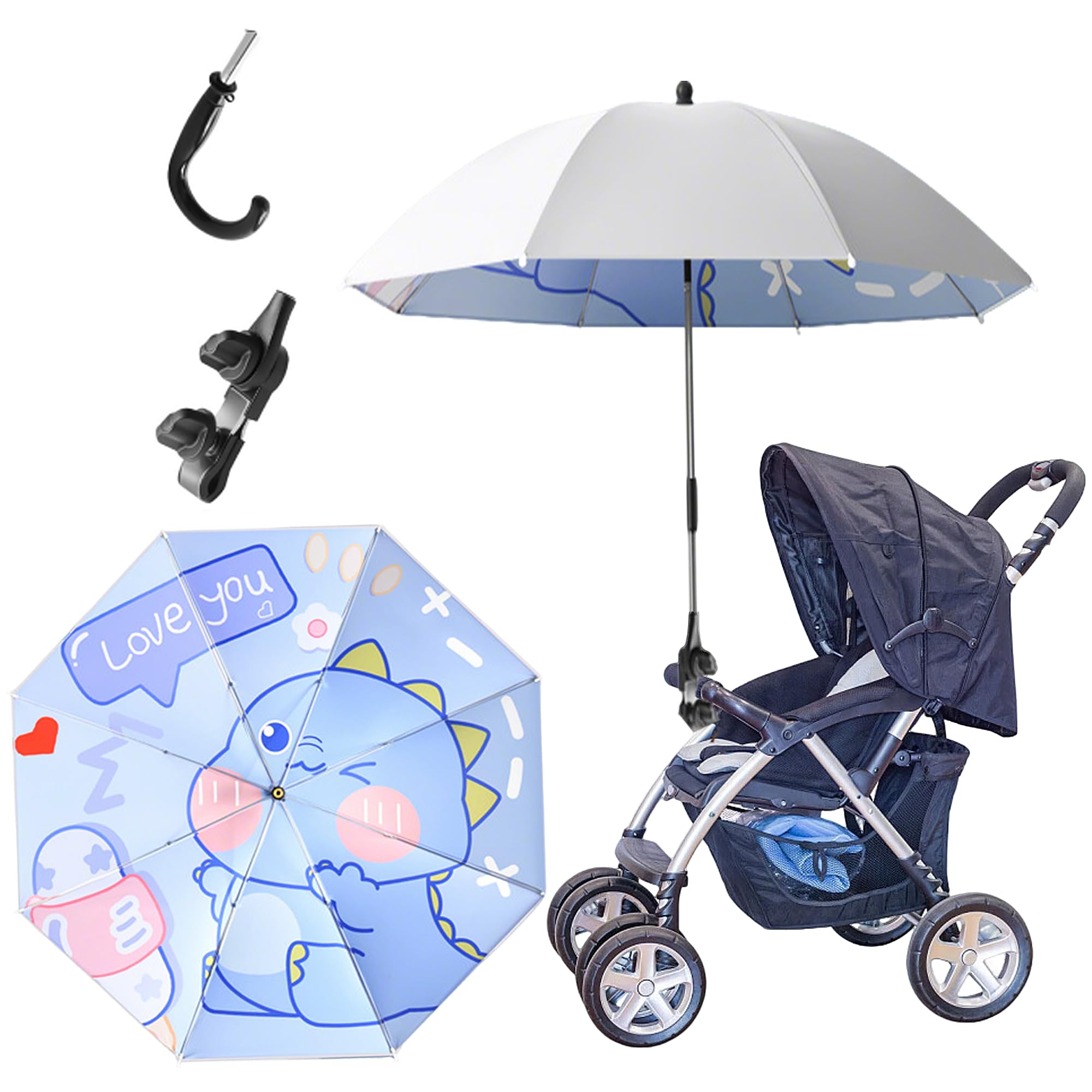 Universal Sonnenschirm Sonnenschutz UPF 50+, Kinderwagen-Sonnenschirm, 85 cm Durchmesser mit Einem Regenschirmgriff, Universal Parasol fürKinderwagen, Kinderwagen(Blauer Dinosaurier)