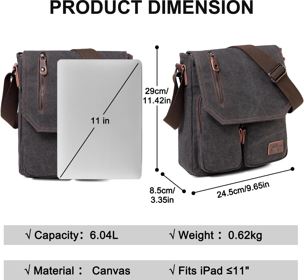 Small Messenger Bag,Kasqo Canvas Leather Crossbody Bag for Men Water Resistant Women Shoulder Bag Purse for Work Business - Image 2