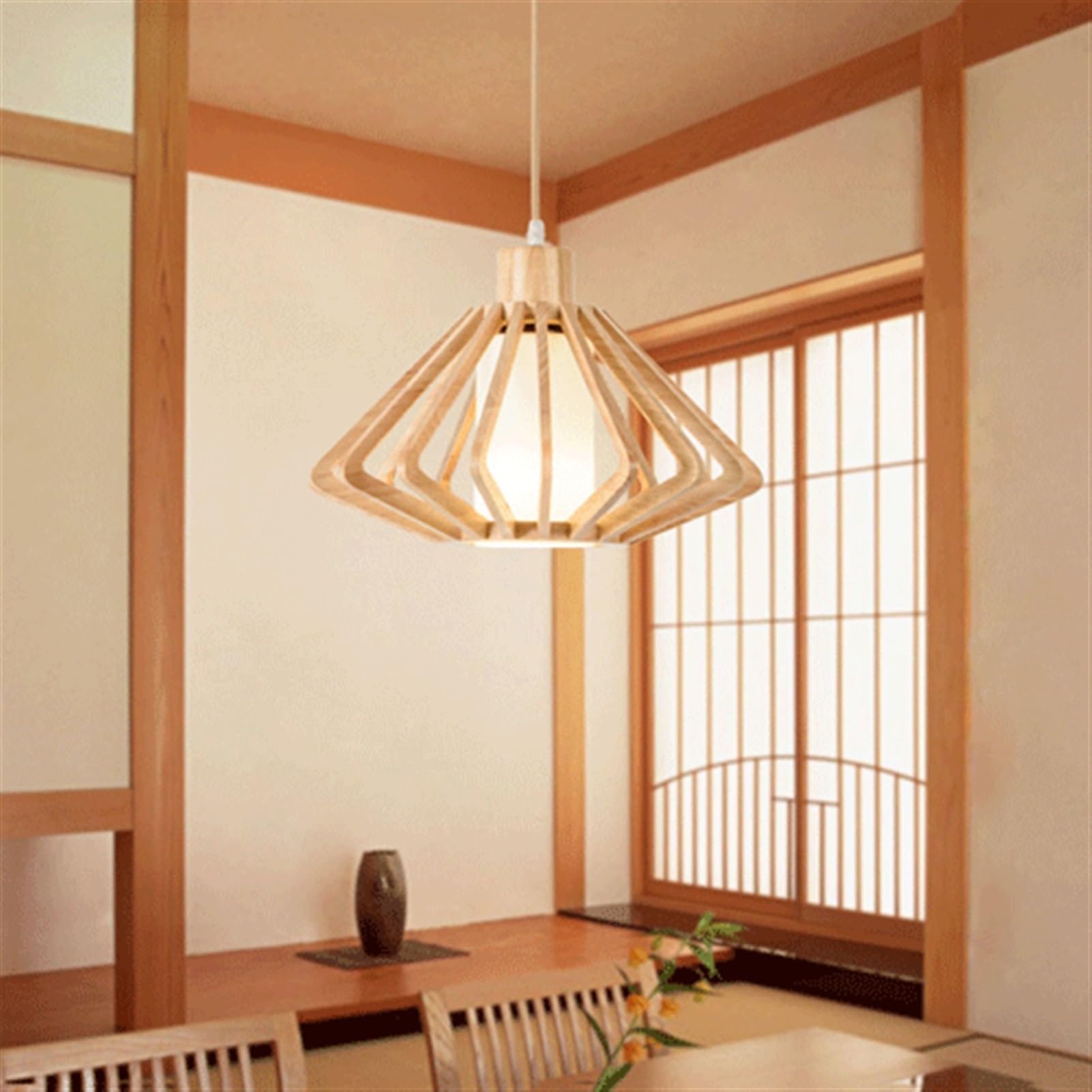 Bloohk One Color Modern Japanese Wood Pendant Light, Geometric Diamond Wooden Chandelier, Minimalist Japandi Hanging Fixture For Dining Room, Tea House
