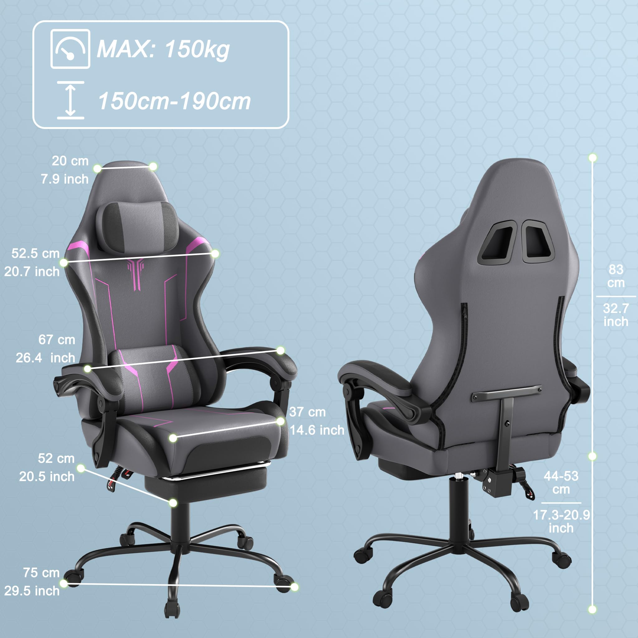 UISEBRT Silla de Gaming Ergonómica con Masaje y Reposapiés, Cómodo Asiento de Gaming Silla de Gaming con Respaldo Ajustable, Reposacabezas y Cojín Lumbar de Masaje - Gris & Negro & Violeta