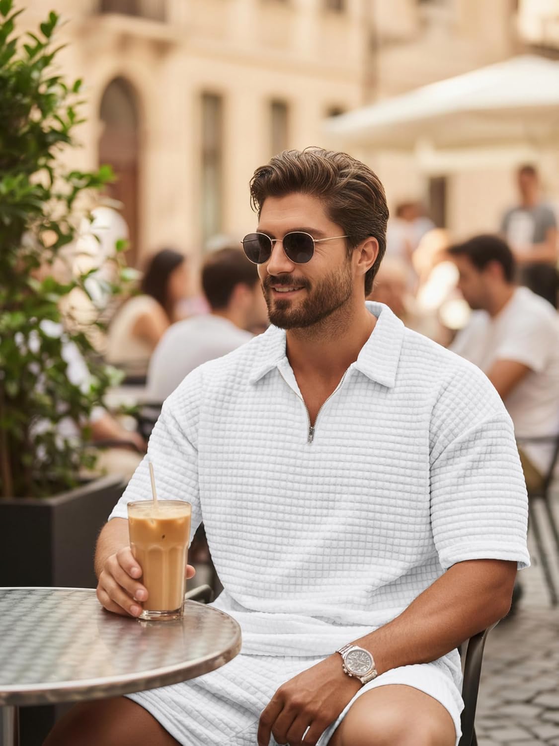 JMIERR Men's 2 Piece Waffle Knit Outfit Half Zip Polo Shirt and Shorts Textured Summer Set - Image 7