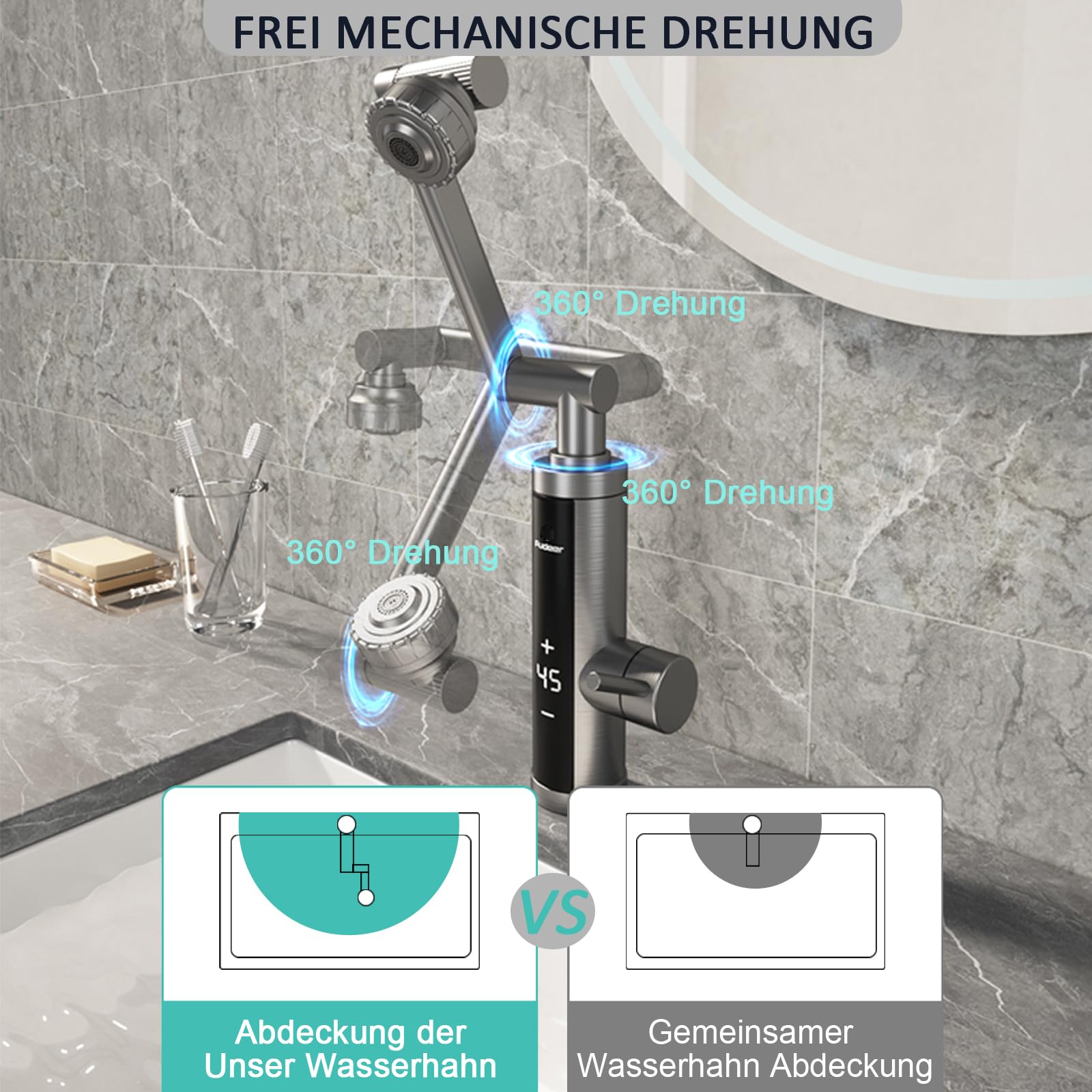 Wasserhahn mit Durchlauferhitzer für Küche, Bad, Edelstahl-Warmwasserhahn Versorgung Heiß- und Kaltwasserhahn mit Digitalanzeige, 230v Elektrische Wasserhahn (Mechanischer Auslauf)
